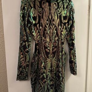 Elegant Black with Gold/Iridescent sequined Patterned Dress